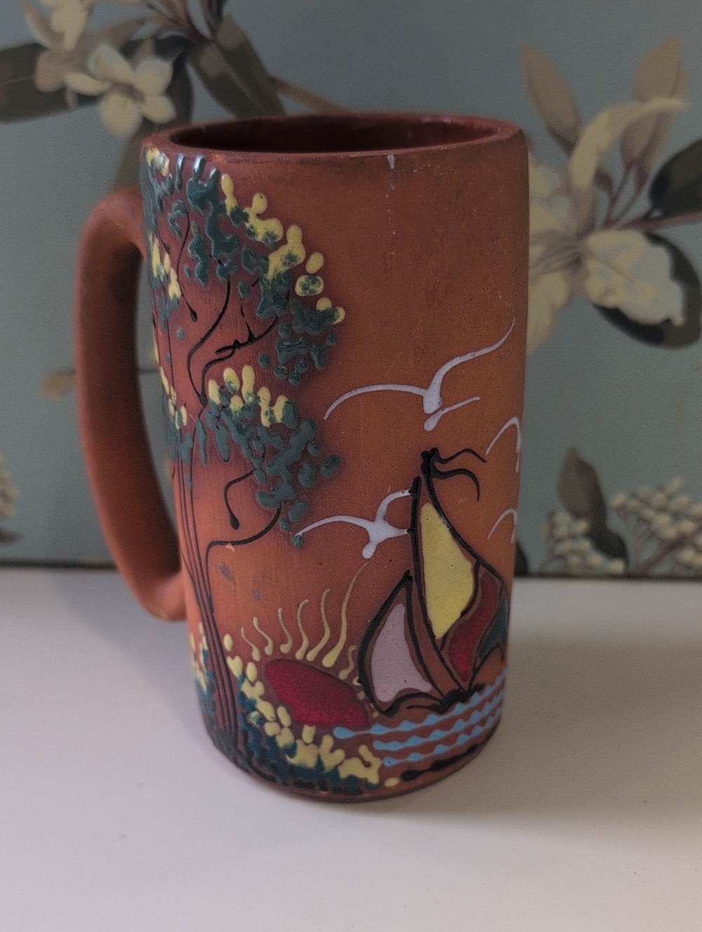 Vintage Mexican Folk Art Hand-Painted Terracotta Sailboat Mug Not Glazed
